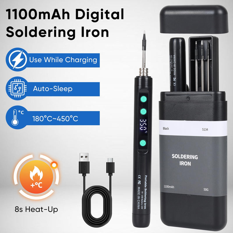 Cordless Soldering Iron Kit, 1100mAh USB-C Rechargeable Soldering Iron with LCD Screen, Portable Battery Powered Soldering Pen for Electronics Repair, Hobby DIY Projects