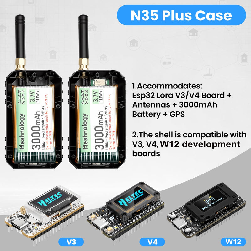 N35 Plus Case for LoRa ESP32 V3 V4 W12 Board Device Set - Capable of Holding Dev Board Antenna 3000mAh Battery GPS Module All-in OLED Screen Protection Shell with Type C Interface (Black) Black 1 x Case