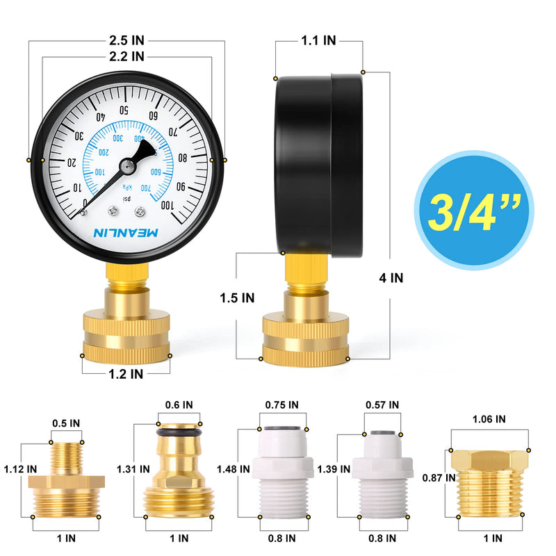 MEANLIN MEASURE 0~100Psi 3/4" Female Water Pressure Kit Plus 5 adapters, 2.5" FACE DIAL Multi-Purpose Pressure Gauge Kit, Hydraulic Tester,Suitable for Gardens, Water Pipes, etc 0-100Psi (With Fittings) No Liquid