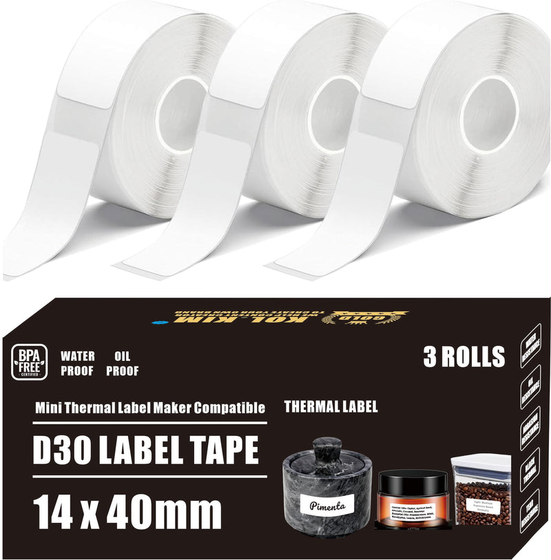 Spice Labels Stickers, D30 Labels, Waterproof Oil Proof for Phomemo D30 D35 Q30 Thermal Mini Label Maker Label Tape Refills for Vretti HP3 MARKLIFE P11 White 3 Rolls 14mm x 40mm (0.55"x1.57") 14 X 40 Mm White 3 Rolls