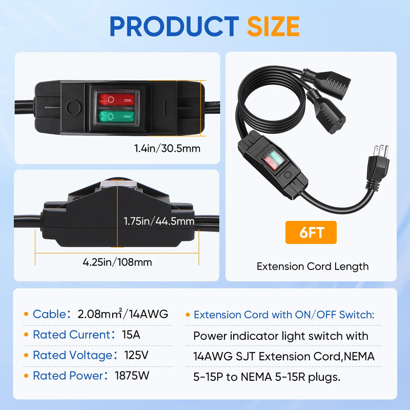 2-Way Extension Cord Splitter with On/Off Switch, Heavy Duty 3-Prong Extension Cord with Switch, Y-Splitter,14AWG 15A/125V & 18AWG 10A/125V, Switched Splitter Extension Cord 1 to 2 Outlet(6FT) 6FT