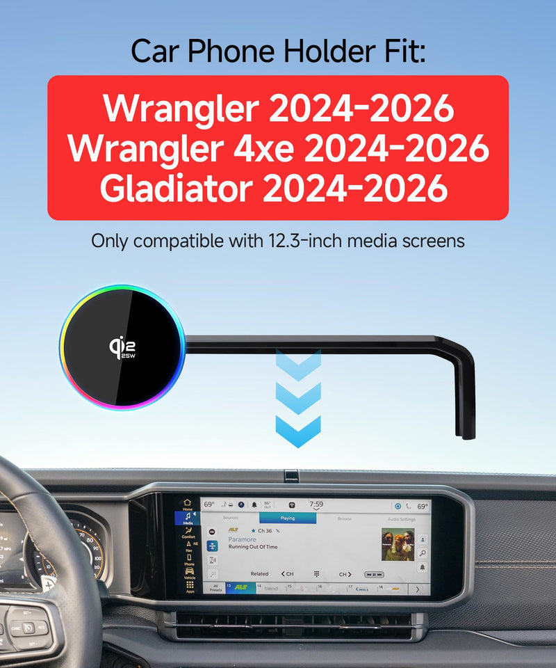 Qi2.2 25W Wireless Charger Car Phone Mount for Jeep Wrangler/4xe 2024-2026 | Gladiator 12.3" Screen Magsafe Accessories Fast Charging Magnetic Cell Phone Holder Clip Compatible with iPhone, GPS Bracket