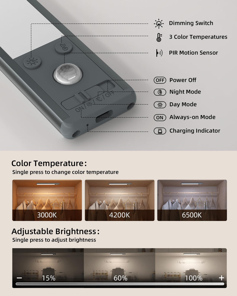 EZVALO 14.5inch Under Cabinet Lighting, 3200mAh Rechargeable Motion Sensor Lights Indoor 3 Color Temps, Magnetic Stick On LED Closet Lights Wireless, Dimmable Under Counter Lights for Kitchen- 2 Pack 14.5 inch Black