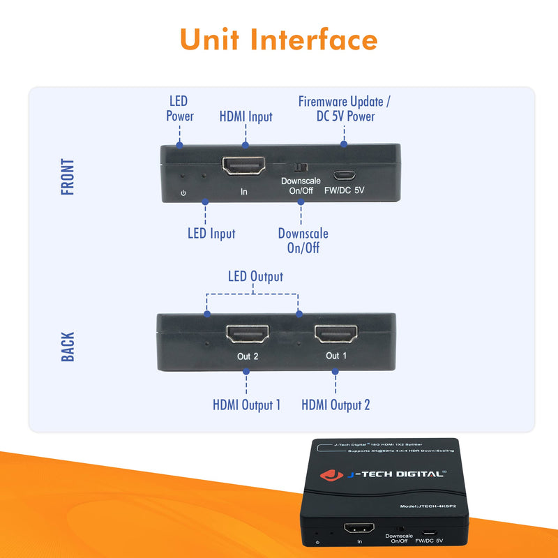 HDMI Splitter 1 in 2 Out 4K 60Hz Multi-Resolution Output (MRO) by J-Tech Digital HDMI 2.0 Splitter Supports Downscale HDR HDR10 / Dolby Vision 4K@60Hz 4:4:4 HDCP2.3 2.2 (JTECH-4KSP2) 4K 1x2 4:4:4