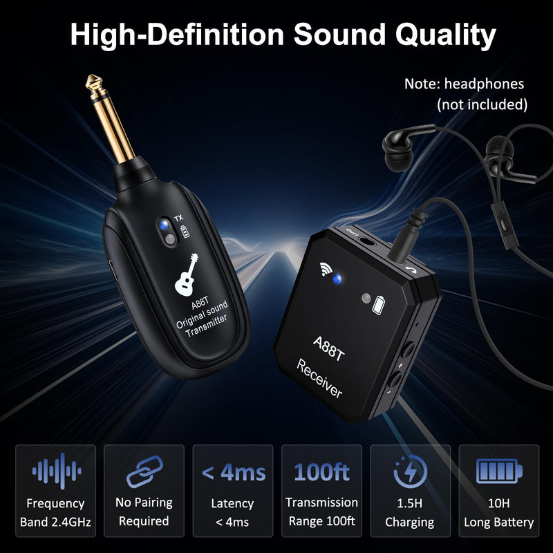 A88T 2.4GHz Wireless in-Ear Monitor System – Low Latency, HD Audio, 100ft Range, 24-bit 48kHz for Clear Sound, Mono/Stereo, 5-Hour Battery, Ideal for Studio, Live Performance, Bands