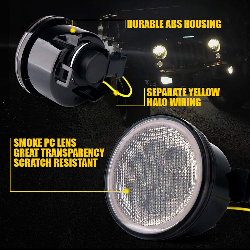 Xprite LED Turn Signal Lights w/White DRL Halo, Smoked Lens Fender Side Marker Lights Indicator Lamp Compatible with 2007-2018 Jeep Wrangler JK & Wrangler Unlimited Smoke Lens w/ Halo