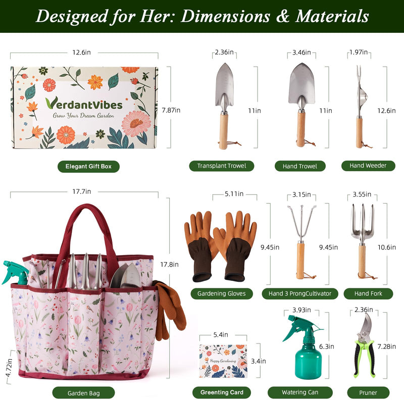 VerdantVibes Gardening Tools Set - 10 Piece Stainless Steel Garden Tools with Wood Handle, Pruners & Romantic Pink Floral Tote Bag - Cute Heavy Duty Gardening Gifts for Women Mom Wife