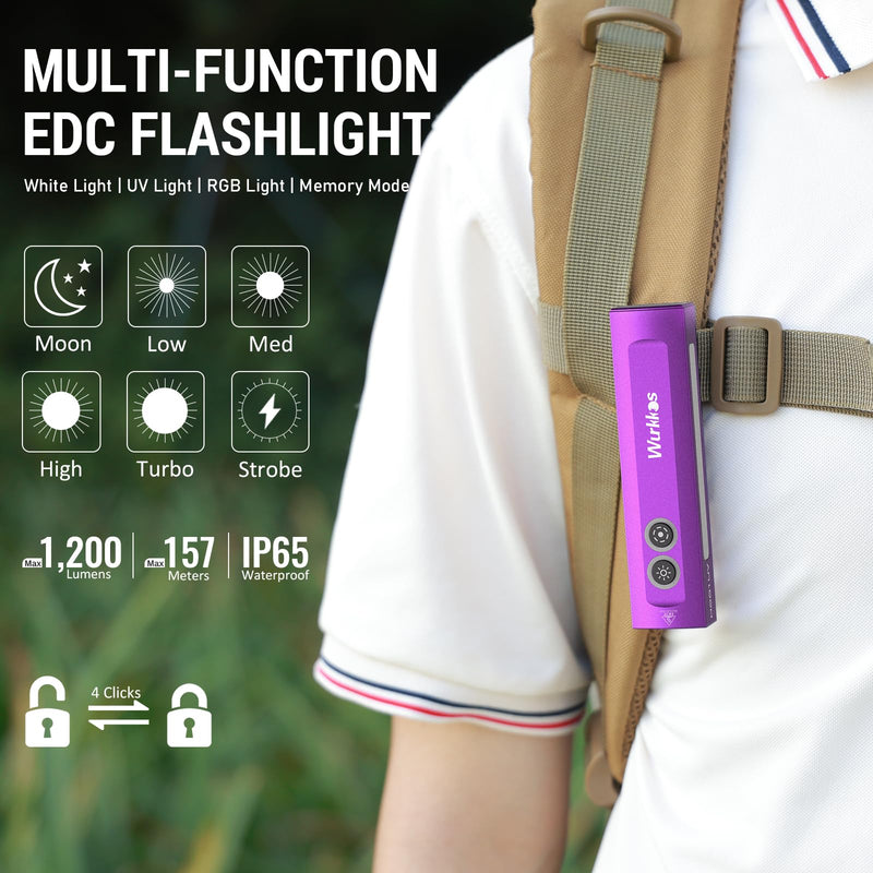 Wurkkos HD01 UV Flashlight, Rechargeable EDC Flashlight, Led Flashlight with 365nm UV Light, 1200 Lumens Flat Flashlight with RGB, Pocket Light for Emergency, Pet Urine Detection(Purple) Purple