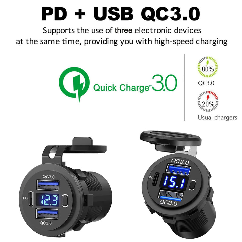 5 Pack 12V USB Outlet, QC3.0 & PD Dual Car Charger with Voltmeter & Switch | Fast charge 3 devices with QC3.0 & PD, plus built-in voltmeter & on/off switch. Ideal for cars, boats, marine, trucks, & RVs. 2QC+1PD