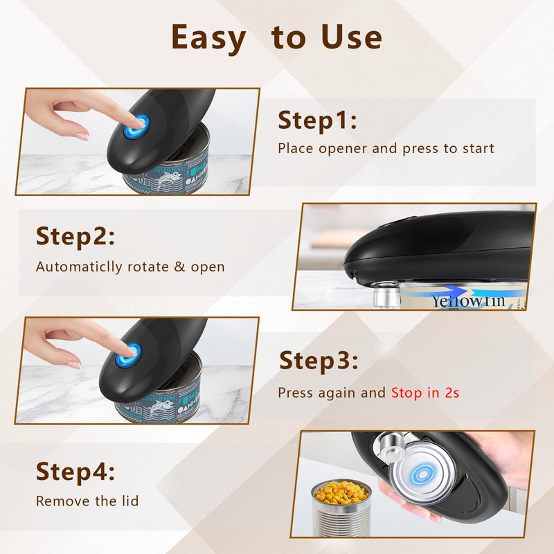 Electric Can Opener Smooth Edge, Battery Operated Kitchen Can Opener for Seniors with Arthritis, One Touch Side Cut Fits Most Can Sizes, Left-handed Friendly Black-Battery