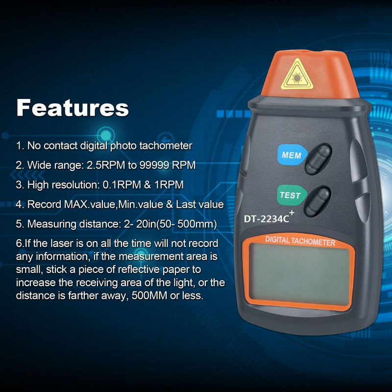 AGPtek® Professional Digital Laser Photo Tachometer Non Contact RPM Tach DT-2234C+