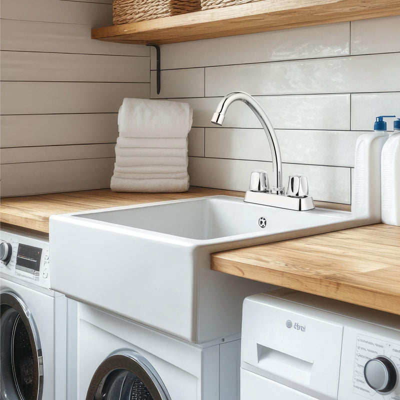 2 Handles Utility Laundry Sink Faucet 4 Inch Centerest Laundry Faucets for Utility Sink with Swivel Spout Polish Chrome
