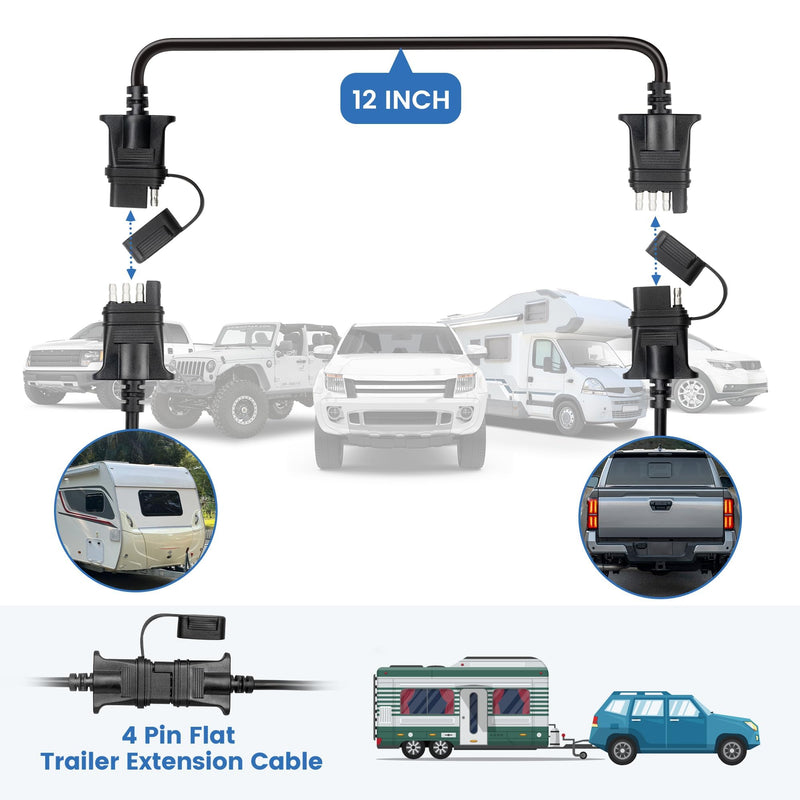 MECMO 4-Pin Flat Trailer Extension Cable 12 Inch, Heavy Duty 18AWG Copper 4 Way Wiring Connector Harness, Vehicle-Side and Trailer-Side 4 Prong Light Plug Hitch Wire Extension 1ft 1ft (12 inch)