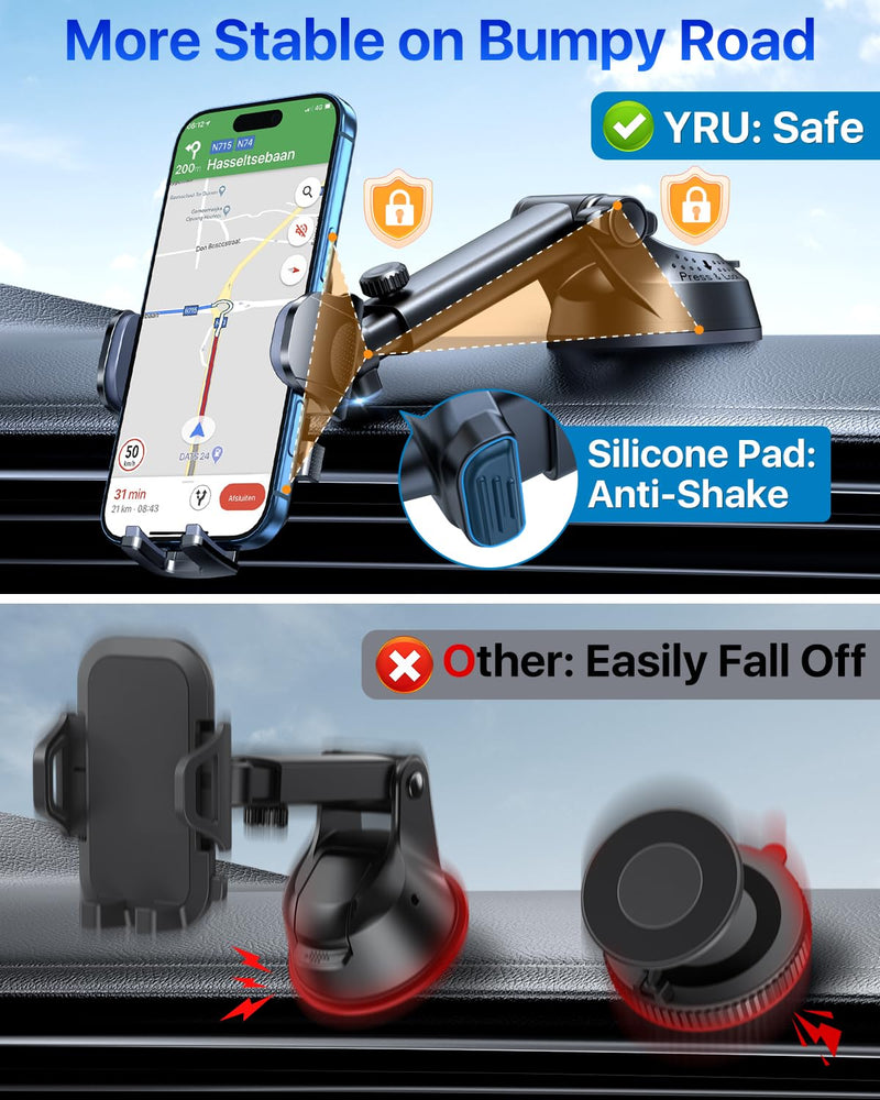 [True Upgrade for Safety] YRU Car Phone Holder Mount [Patent & Military-Grade] Dashboard Cell Phone Holder for Car Vent Windshield Phone Stand for iPhone17 16 15 14 13Pro Max Truck Samsung, Dark Black