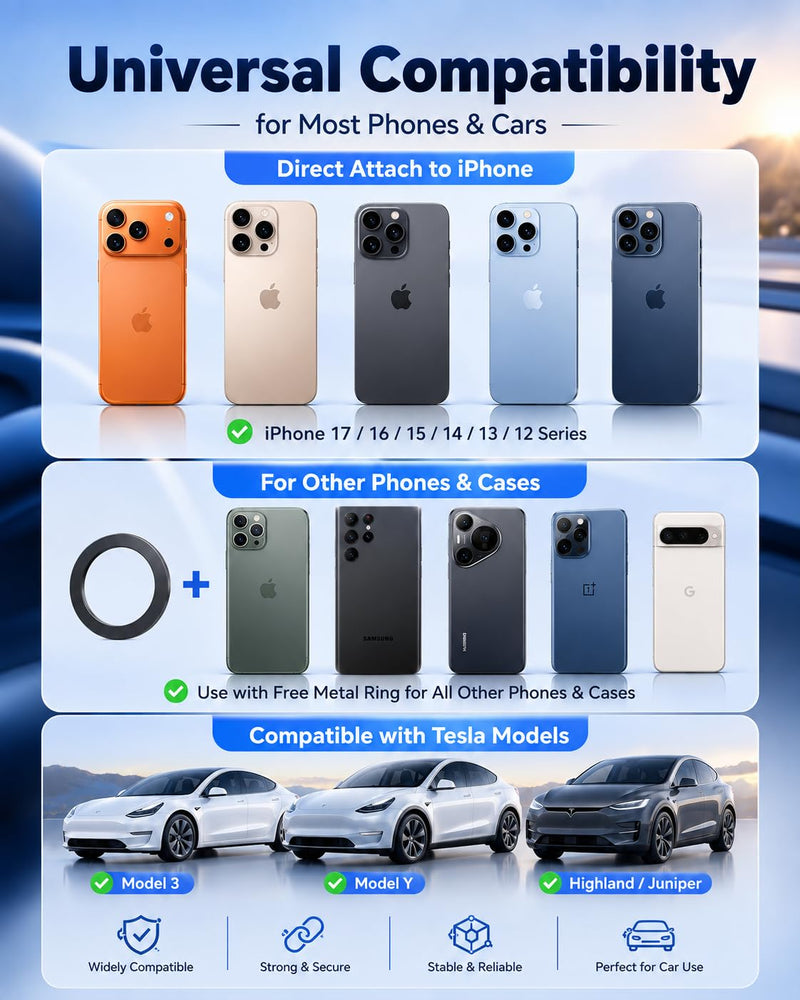 Tesla Phone Mount for Magsafe: Tesla Car Phone Holder for Tesla Model 3/Y Accessories 【Strongest N52 Magnet + 360° Adjustable】 Foldable Hidden Car Mount Magnetic iPhone & Android