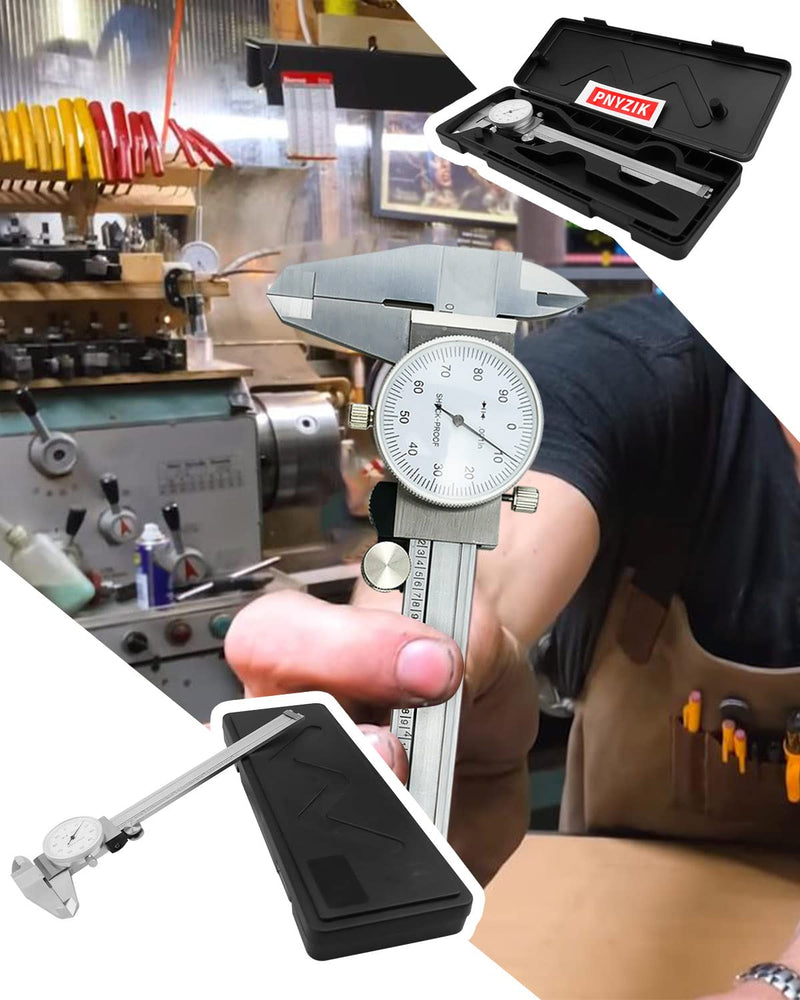 6 Inch Dial Caliper +/-0.001 Inch Accuracy, Shockproof Hardened Stainless Steel Metal 4-Way Measurement Calipers Measuring Tool with Plastic Case