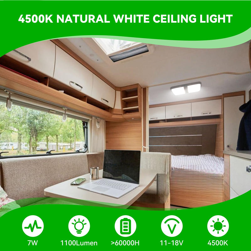 RV Light Interior, RV Ceiling Light 12V, 4500K 1100LM RV Led Lights Fixtures,7W Camper Lights with Switch for RV Trailer Camper Boat Car (Natural White, 1PCS) 1PACK