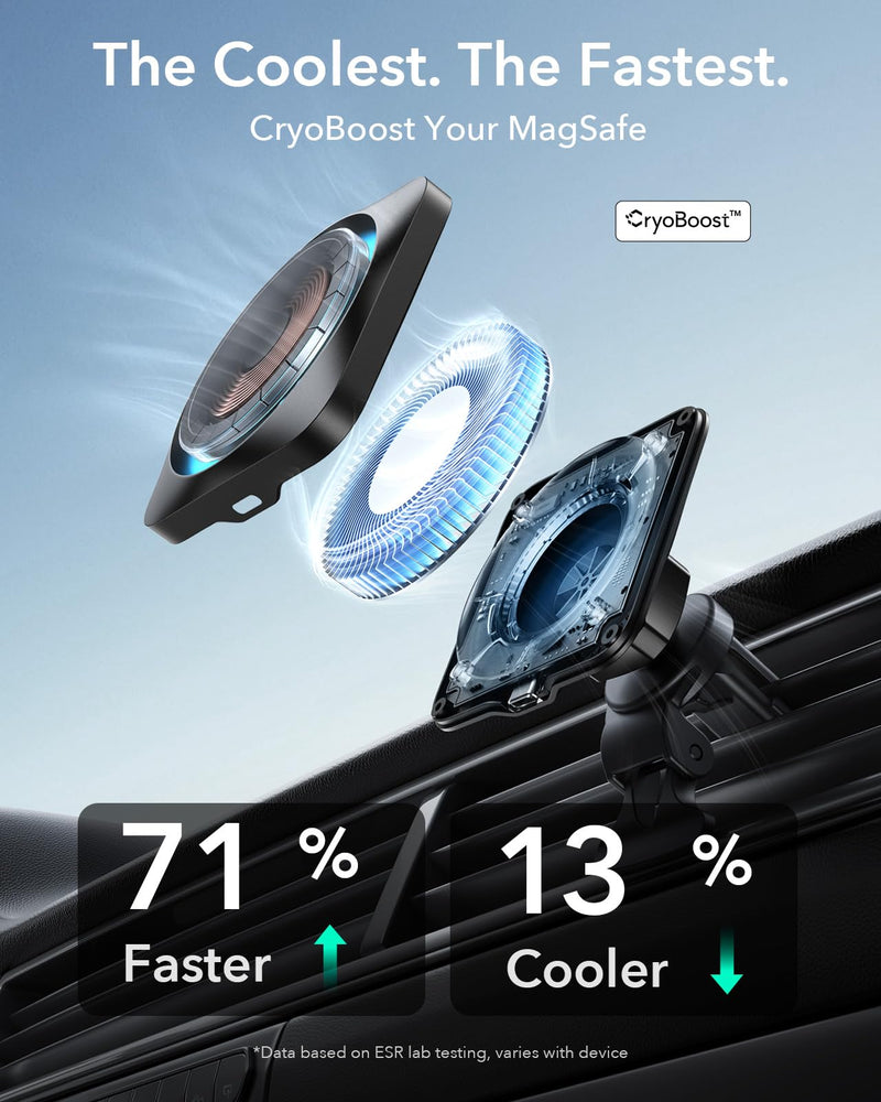 ESR for MagSafe Car Mount Charger 15W with CryoBoost for iPhone 17-12 | Phone Cooling Magnetic Wireless Car Charger, Air Vent & Dashboard Mount, Fast Charger for, S26/S25, Pixel 10