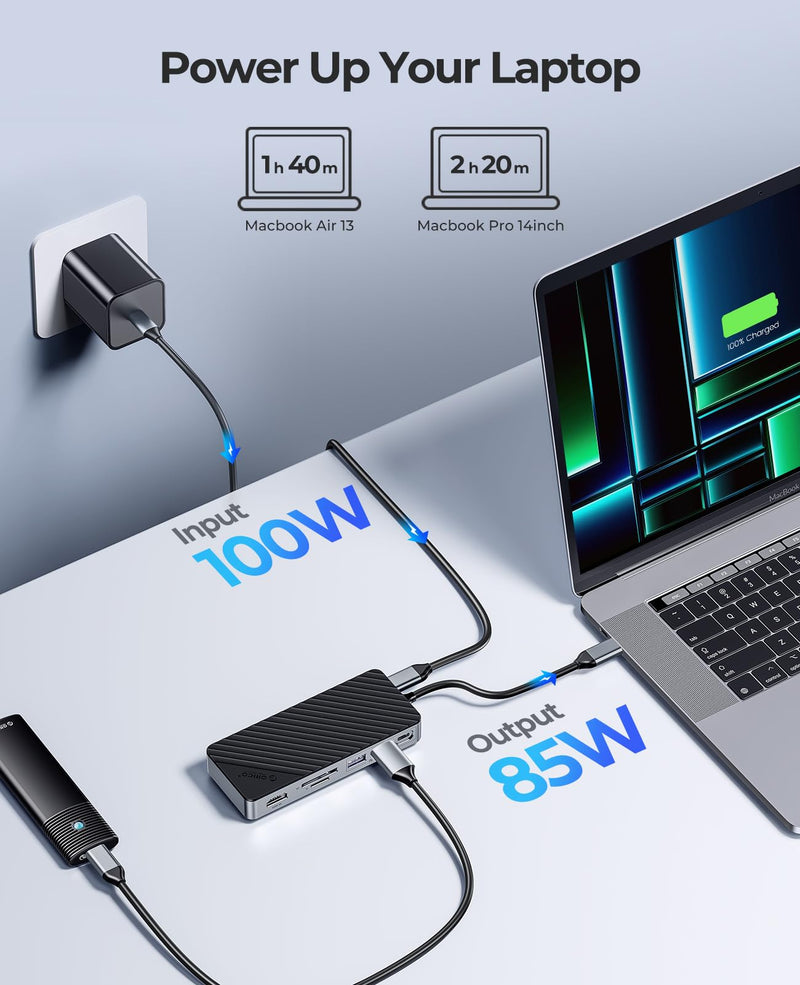 ORICO USB-C Hub with M.2 SSD Enclosure, 8-in-1 USB C Docking Station Fits M.2 NVMe/SATA SSD, 10Gbps, 4K@60Hz HDMI, 100W PD, SD/TF Card Reader with SD/TF
