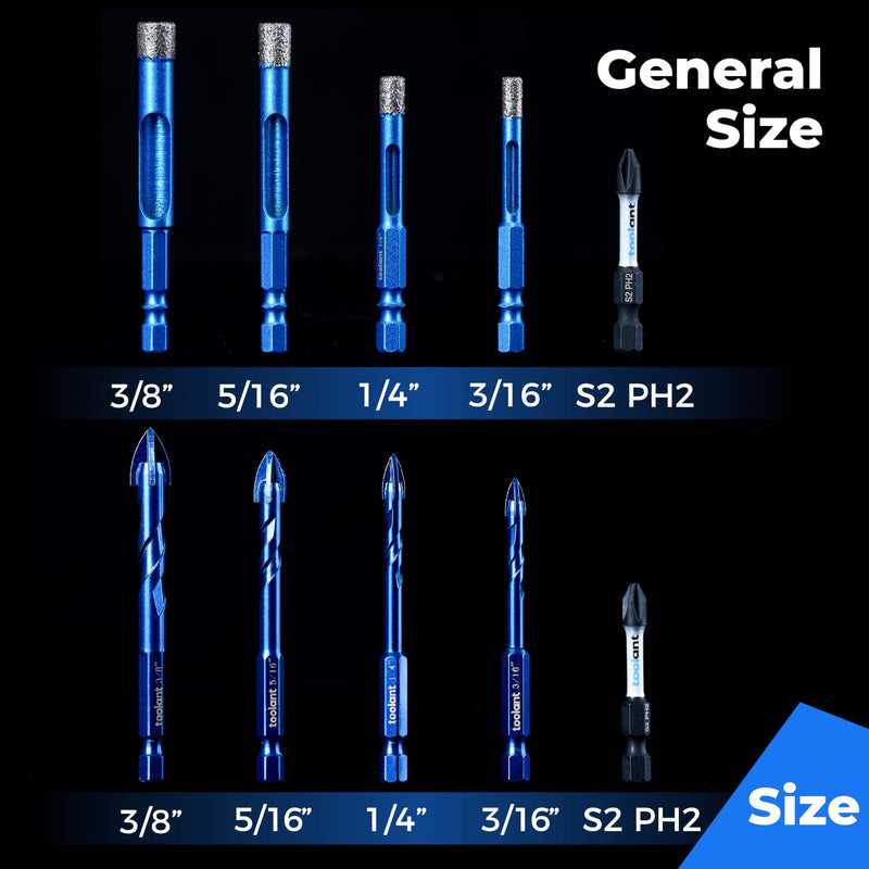 toolant Diamond Drill Bits Set 10PCS, Glass Drill Bits for Drilling Holes in Glass，Procelain,Ceramic and Tile, Tile Drill Bit with 1/4 Inch Quick Change Hex Shank,3/16"-3/8" Hex 3/16"-3/8"(10-PCS)