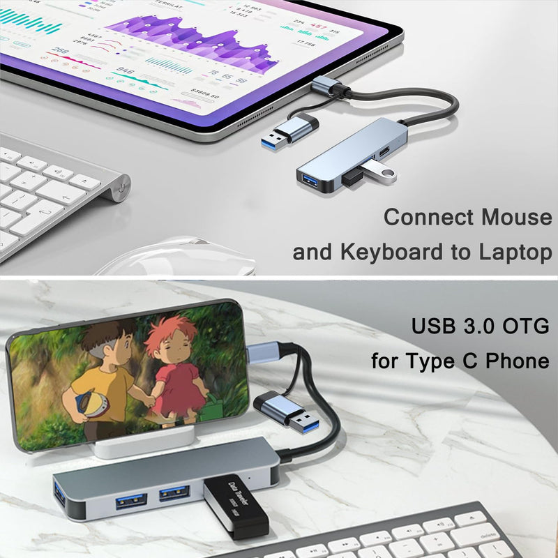 USB C Hub USB 3.0 Hub for Laptop PC, 4 Port USB to USB C Hub Adapter with 1 USB 3.0, 1 USB C, 2 USB 2.0 Ports, USB Port Hub for MacBook, Mac Pro, iMac, iPad Pro, Surface, XPS, Flash Drive, Mobile HDD