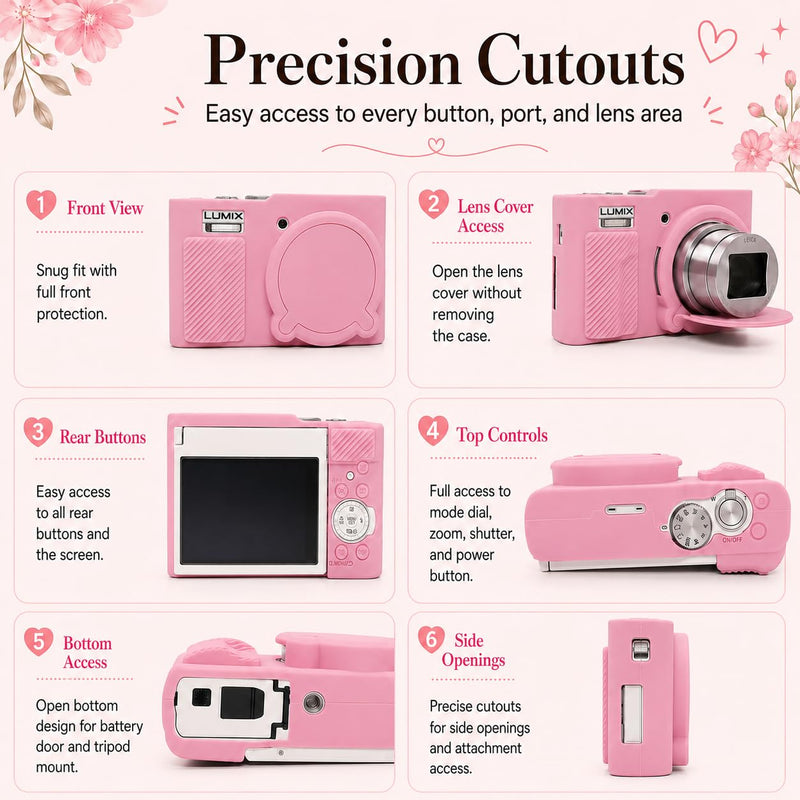 Case for Panasonic LUMIX ZS99/TZ99 with 2-Pack Screen Protector | Removable Lens Cap Silicone Cover with Cute Charm Wrist Strap for Lumix DC-ZS99/TZ99 Case Accessories Pink