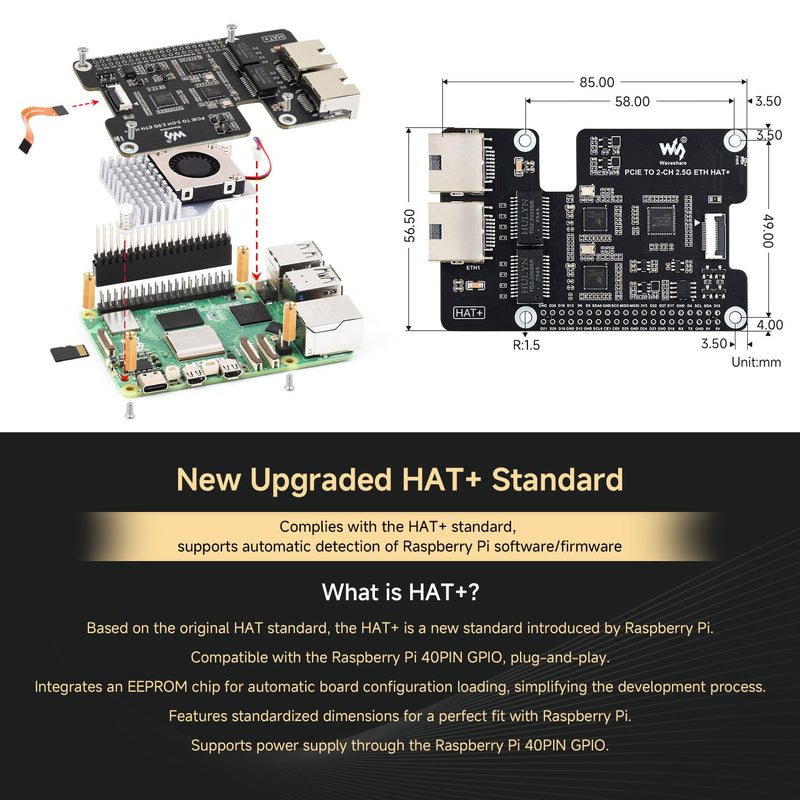 Waveshare PCIe to 2-CH 2.5G ETH, Equipped with Dual RTL8125, Driver Free | Designed for Raspberry Pi 5, plug and play,supports Raspberry Pi OS/Ubuntu/OpenWrt,Dual 2.5G RJ45 ports, PCIe x1 Gen2