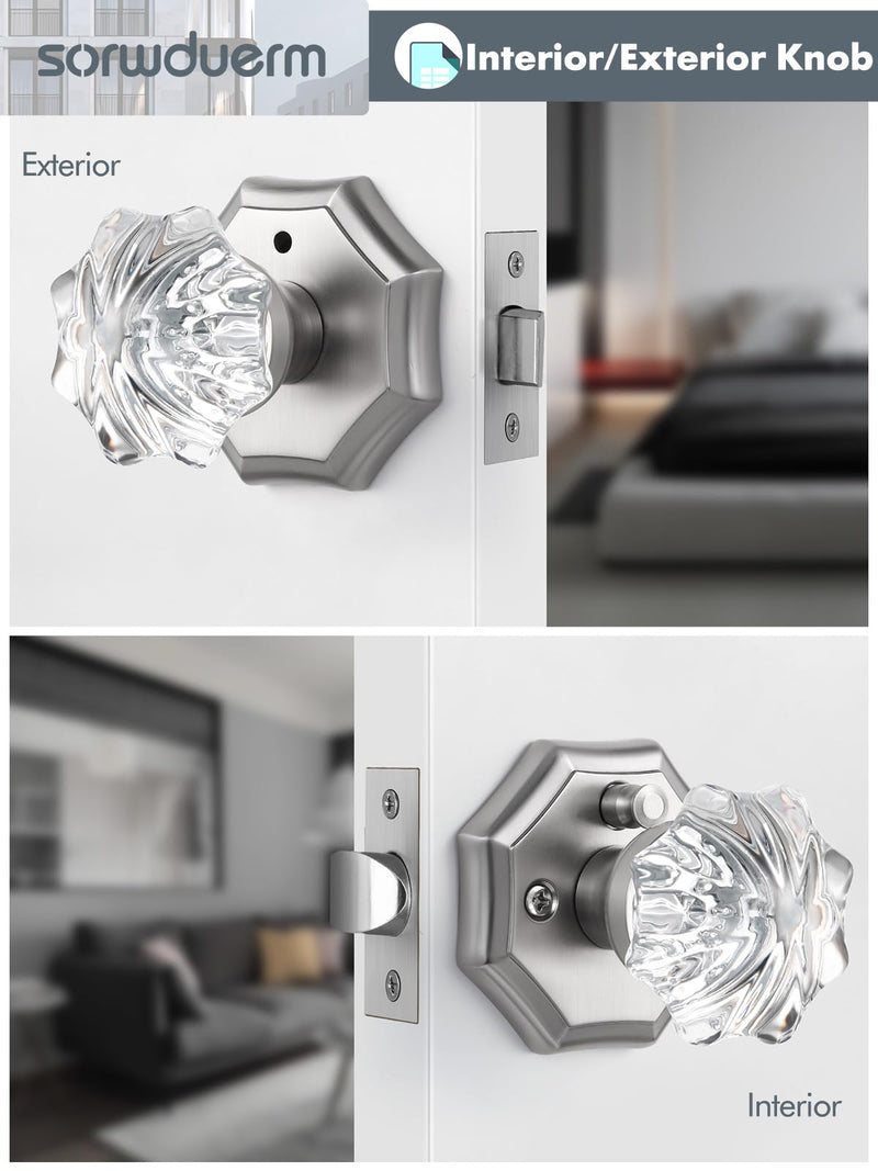 1 Pack Glass Door Knobs Nickel Door Knob Interior Satin Nickel Privacy Brushed Nickel Glass Silver Door Knob for Bedroom and Bathroom Crystal Door Knobs 1