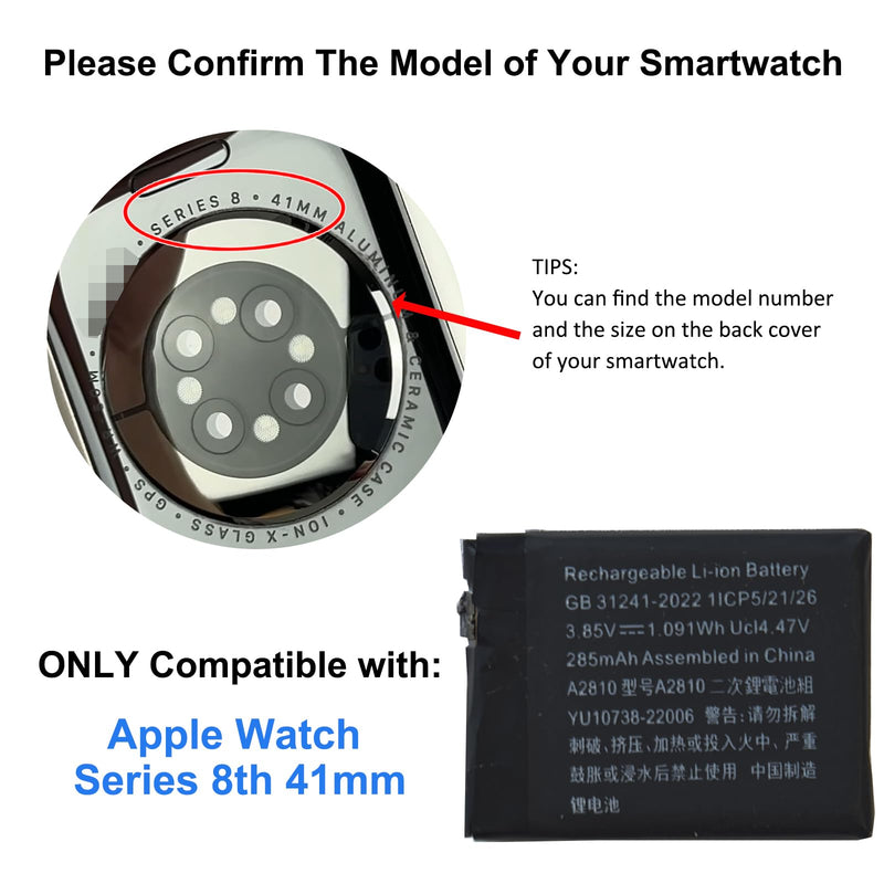 Replacement Battery Kit Compatible with Apple Watch Series 8 41mm, with Tools, Manual, Tape