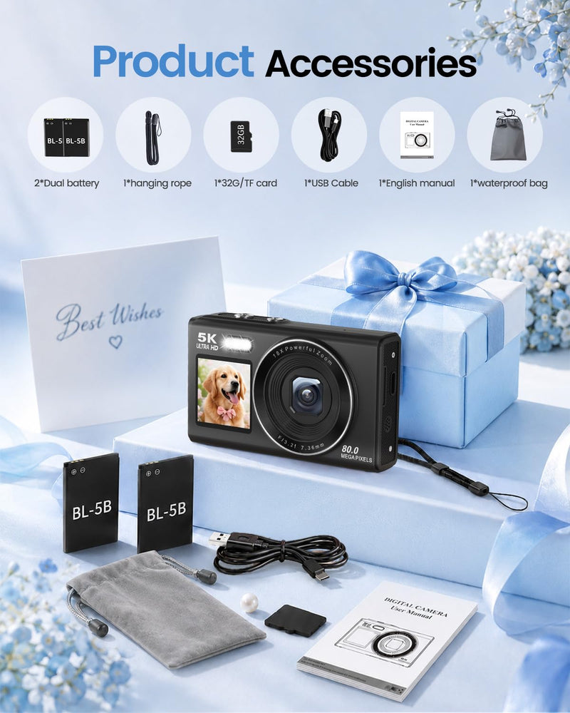 5K Digital Camera for Teens and Beginners, Dual Screen Compact Vlogging Camera with 18X Digital Zoom, Point and Shoot for Travel, 32GB Card and 2 Batteries Black