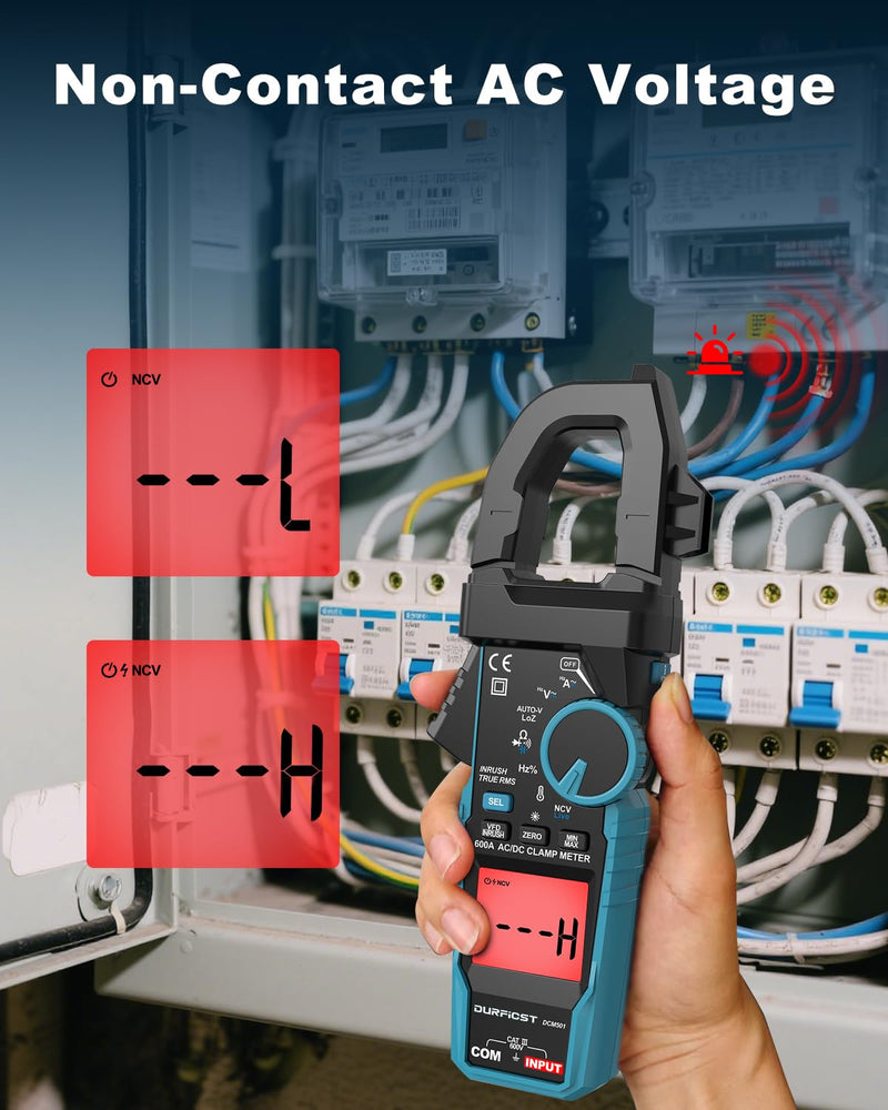 Clamp Meter DURFICST Digital Inrush Clamp Multimeter AC/DC 600A 6000 Counts Amp Voltage Tester with VFD, LOZ Mode，Measures AC/DC Current Voltage NCV Temperature Resistance Capacitance Frequency