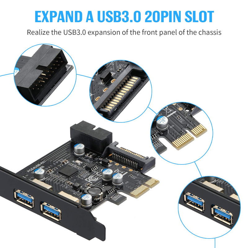 PCI-E USB 3.0 Card, PCI Express 1X 2 Ports with Internal 19 Pin USB 3.0 Connector Superspeed 5Gbps PCI-E USBIII Expansion Card Controller Adapter Support Windows 10/8 / 7 / XP Black-4USB