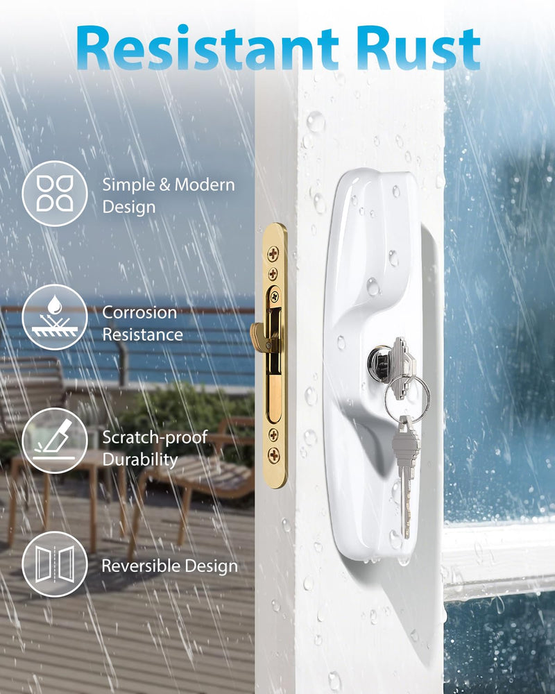 Probrico Patio Sliding Door Lock Set with Key and Mortise Lock, Sliding Glass Door Handles 45° Keyway, Reversible White Sliding Door Lock Set Fits 3-15/16" Hole Spacing, 1" to 2" Thick Doors Handles(Keyed) + Mortise Lock