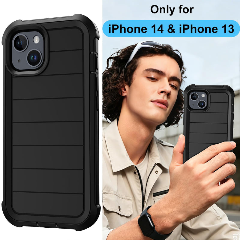 for iPhone 14 Case/iPhone 13 Case with Belt Clip Holster Screen Protectors, Heavy Duty Military Grade Shockproof Protection Rugged Anti-Drop Kickstand Phone Cover for Apple 14/13 (Black) Black
