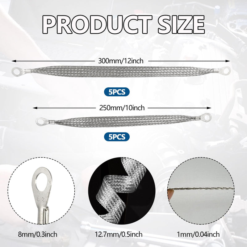 10Pcs Universal Automotive Ground Straps, 10&12 inch Braided Ground Strap Engine Ground Wire Straps for Most Cars