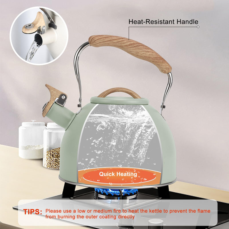 Tea Kettle, Vegoran 100 OZ / 3 Liter Whistling Tea Kettle, Tea Pots for Stove Top Food Grade Stainless Steel with Wood Pattern Folding Handle, Loud Whistle Kettle for Tea, Coffee, Milk (Green) Green