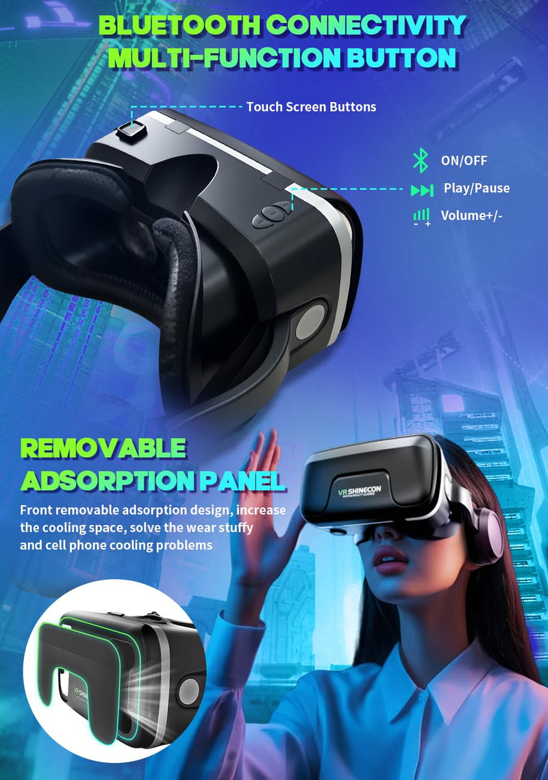 VR Headset for iPhone & Android, 120° Viewing Angle 3D Glasses with Aspherical Lenses & Headphone, Perfect for VR Videos and Mobile Games