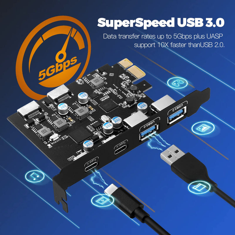 6 Ports USB PCIE Card (2X Type-E Adapter,2X USB 3.0-C, 2X USB A) PCI Express Cards PC Front Panel Header for Windows 7/8/10 Linux and MacPro 4.1/5.1 2 USB 3.0-C, 2 USB A,2 Type-E Adapter