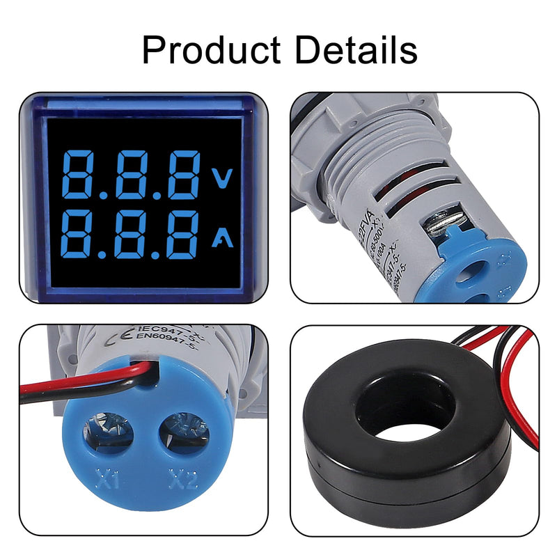  [AUSTRALIA] - Blue LED Display Voltmeter, Square Dual Display Voltmeter and Ammeter LED Digital Voltage Gauge AC 60-500V 0-100A Current Meter Indicator (4pcs) 4pcs