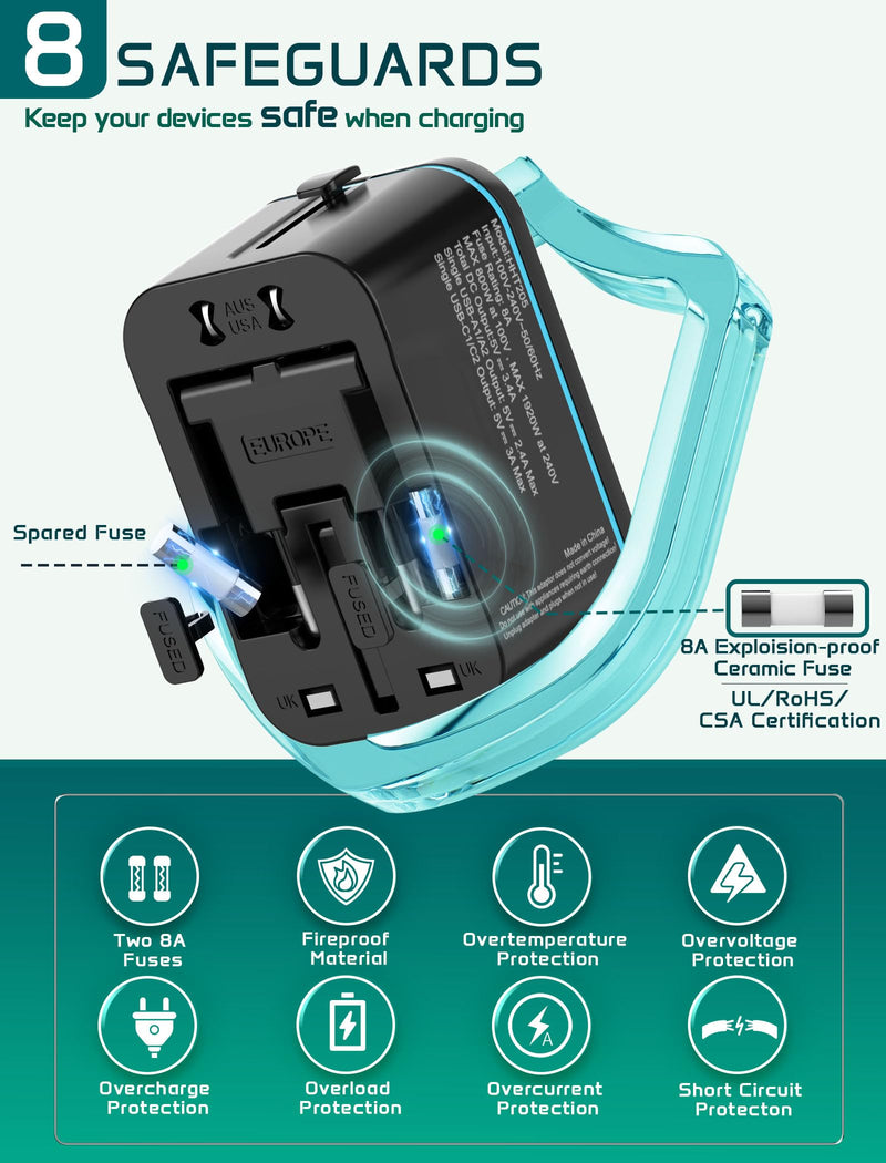 Universal Travel Adapter Worldwide, TECSIX European Travel Plug Adapter with 2 USB C, 2 USB A and Multi AC Outlets, International Power Converter for EU US UK AUS 200+ Countries Type A C G I black blue