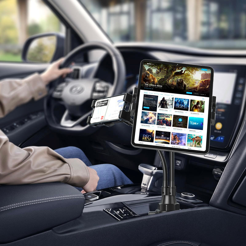 Dual Car Tablet Mount for Cup Holder, Gooseneck Car Cupholder Tablet Holder with Strong Long Arm 10" for 4-12.9" Devices, iPad Pro Air Mini, Galaxy Tabs, Huawei, iPhone, Tablets & Phones