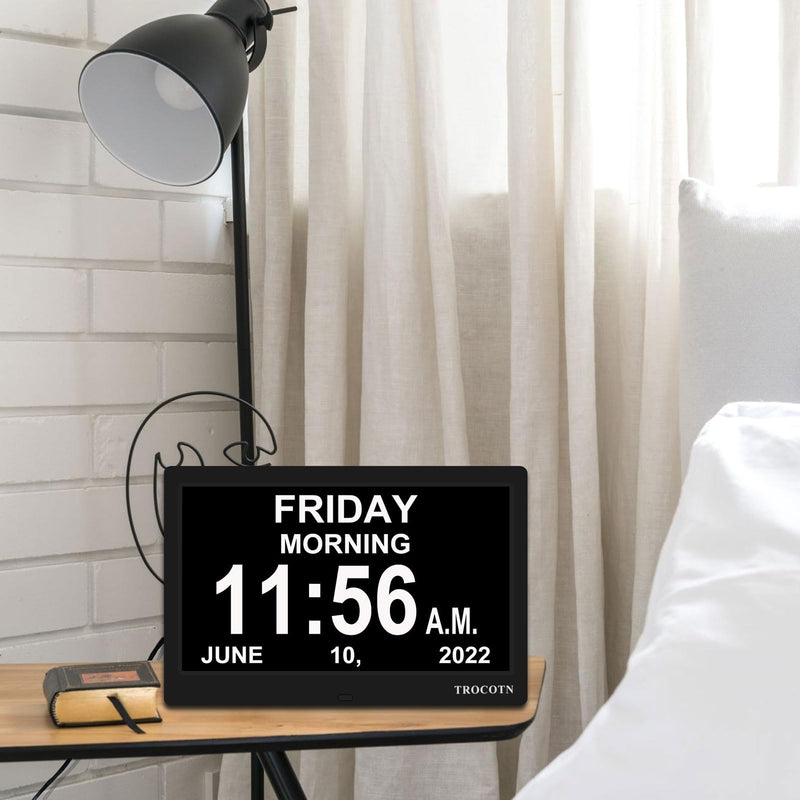 TROCOTN Dementia Clocks, Large Display Calendar Alarm Clock with Auto DST for Seniors, 5 Display Modes Large Font Digital Clock with Custom Alarms Day Date Clocks. (10 Inch Black) 10 inch