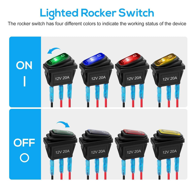Linkstyle 8Pcs 12V Rocker Switch, 20A SPST 3 Pin ON/Off Waterproof Toggle Switch with LED for Car ATV RV Boat Truck (4 Colors)