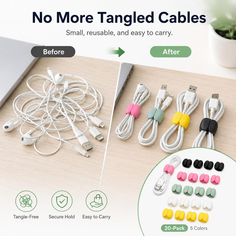 Cable Organizer Clips 20 Pack, Versatile Wire Management Holder for Charging Cords, Secure Adhesive Cable Clips for Desk Travel Home Office, Data Cable Tidy Organizer