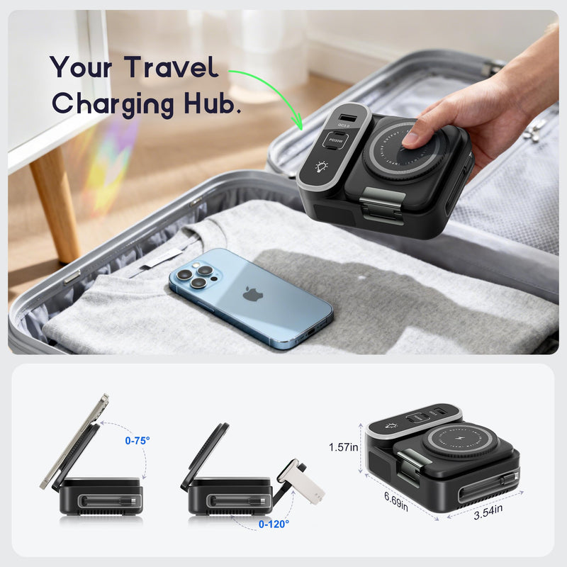 8-in-1 Foldable Wireless Charging Station for Apple Devices with Clock, 65W | Wireless Charge for Apple Watch, Phone & AirPods + 3 Extra Ports. Built‑in Retractable Cord, RGB Light & 65W GaN Fast Charge Black