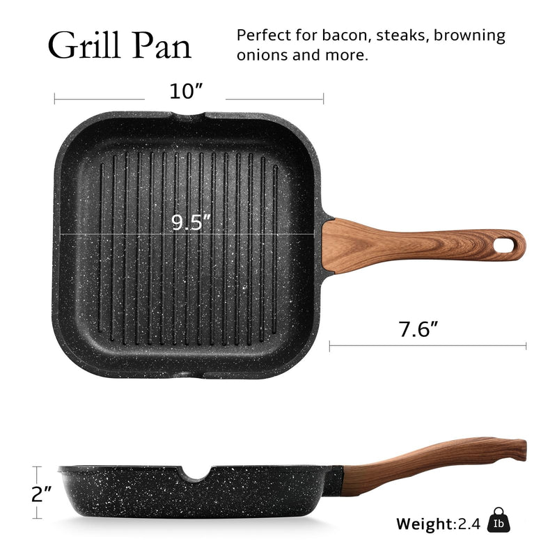 ESLITE LIFE Nonstick Grill Pan for Stove Tops, Versatile Griddle with Pour Spouts, 9.5 Inch Square Big Grilling Skillet Steak Pan for Indoor & Outdoor Cooking, PTFE & PFOA Free, Black 9.5" w/No Accessories