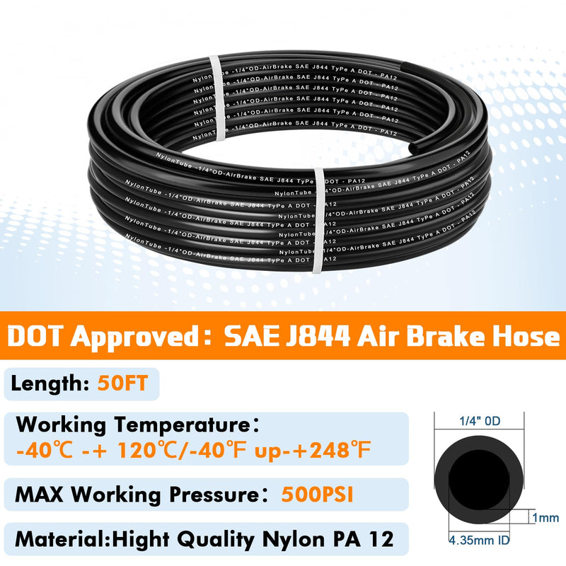 1/4" OD x 50FT DOT Air Line Tubing Kit Black SAE J844 PA12 Nylon Air Brake Hose with Cutter and Teflon Tape For Trailer Trucks RV Braking Systems or Fluid Transfer 1/4" OD 50FT