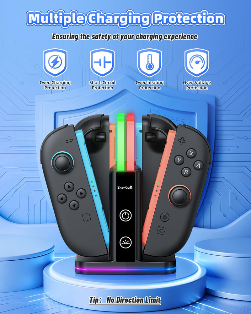 FASTSNAIL Switch Controller Charger for Nintendo Switch 2/1/OLED for Joycon | 8 in 1 Fast Controller Charging Dock, Dual-Direction Magnetic Charger Station Stand, 9 RGB Light for Joycon 2/1 Accessories Carbon Black 6.2/7.0/7.9 inch
