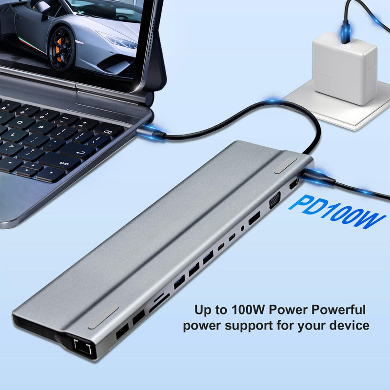 USB C Docking Station 15 in 1, Docking Station 3 Monitors with HDMI/DP/VGA, Ethernet, USB, SD/TF, Jack, Laptop Docking for PS4, Xbox, Switch, iPhone and More(1501P) Gray 15 in 1