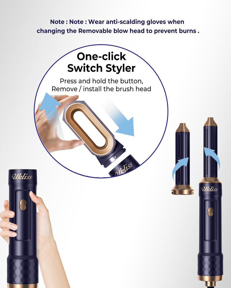 UKLISS 6 in 1 Hairstyler Pro, Hair Dryer Brush Set with Hair Wrap Curler | Airbrush 6 in 1 Airstyler Mit Hair Straightener, Thermal Brush, Hot Airbrush, Multistyler Gifts Set for Women Hair Styling Blue Gold